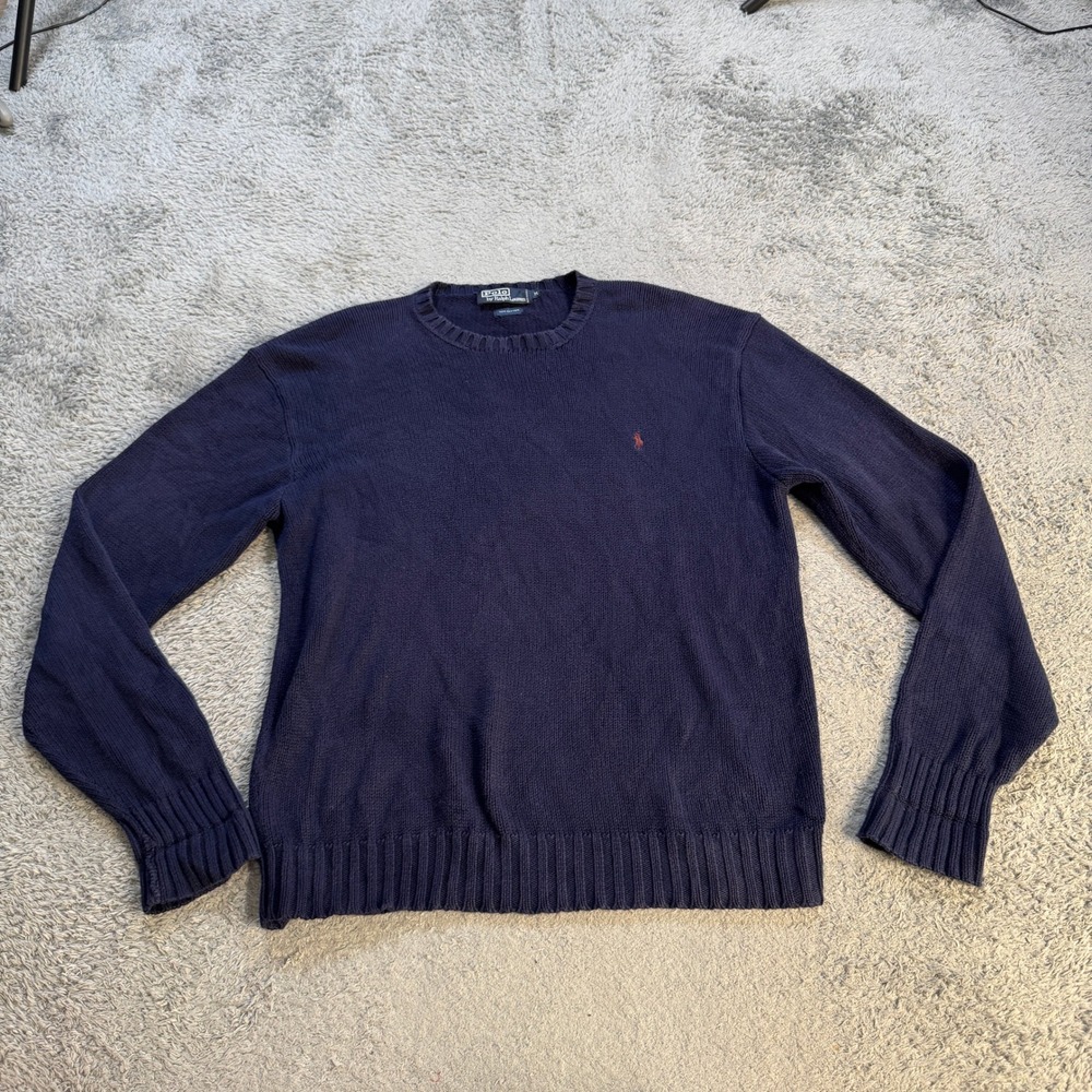 Polo Ralph Lauren Mens M Crew Neck Sweater Navy Blue Cotton Embroidered Red Pony